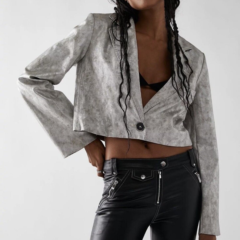 Free People We the Free Block Party Blazer Vegan Leather Silver Size Medium NWOT